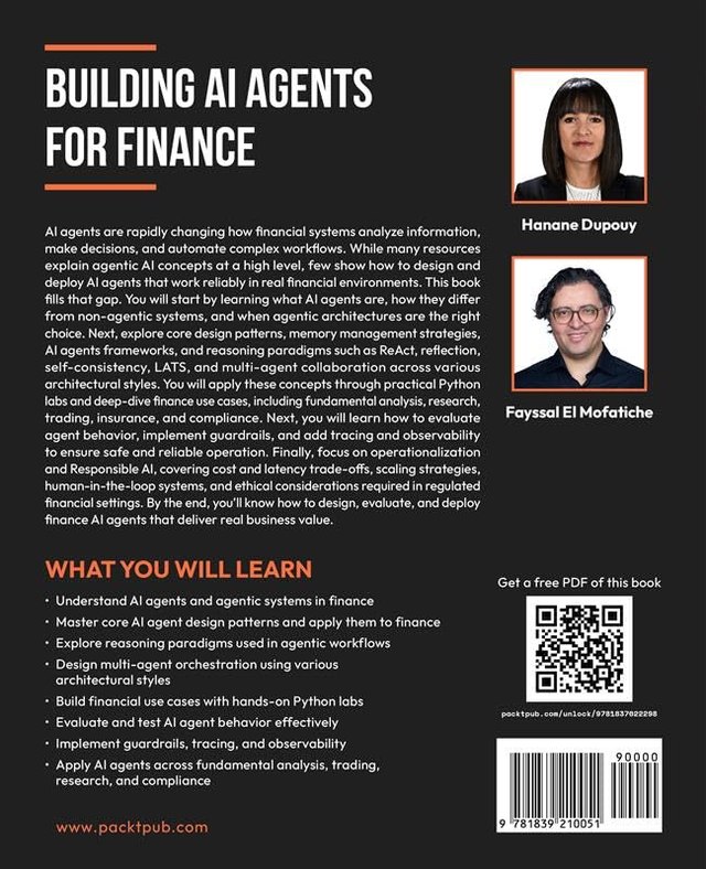 Building AI Agents for Finance, back cover with synopsis and what you will learn